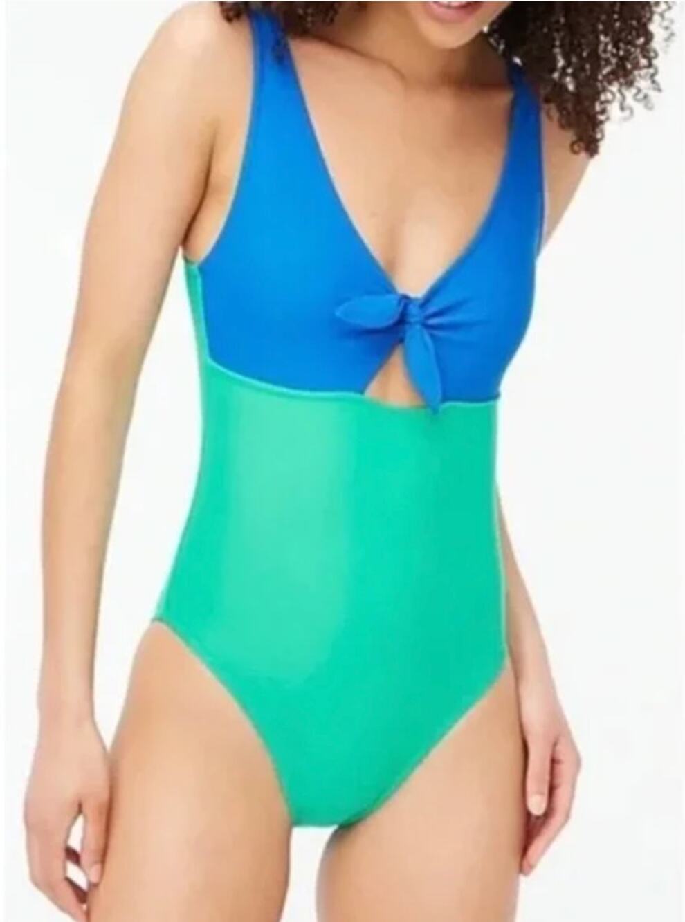 J. Crew One Piece Cutout Swimsuit Bow V Neck Colorblock Blue Teal 2X 2XL XXL